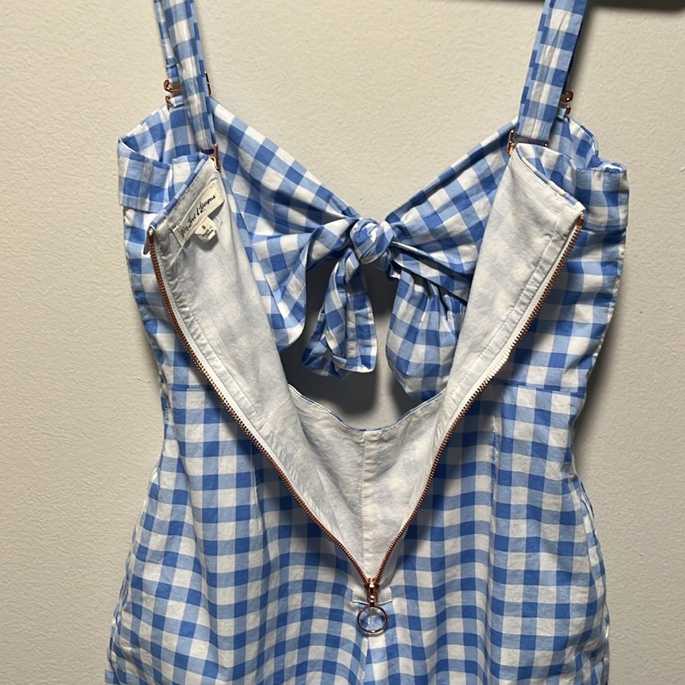 FOR LOVE AND LEMONS Gingham Blue Dixie Bow Romper, Size S - Picture 13 of 15